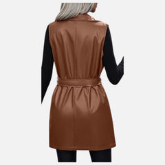 Roxane Sleeveless Open Front Leather Vest Belted Lapel Moto Trench Jacket