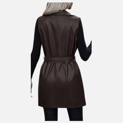 Roxane Sleeveless Open Front Leather Vest Belted Lapel Moto Trench Jacket