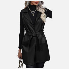 Roxane Sleeveless Open Front Leather Vest Belted Lapel Moto Trench Jacket