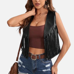Saphira Women’s Fringe Leather Vest Sleeveless Tassel Style