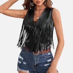 Saphira Women’s Fringe Leather Vest Sleeveless Tassel Style
