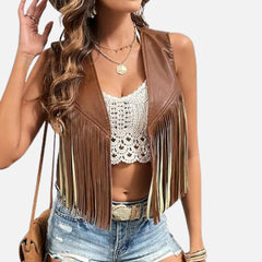 Saphira Women’s Fringe Leather Vest Sleeveless Tassel Style