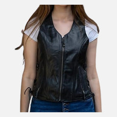 Selene Side Lace Women’s Leather Vest Detailed Stitch Design