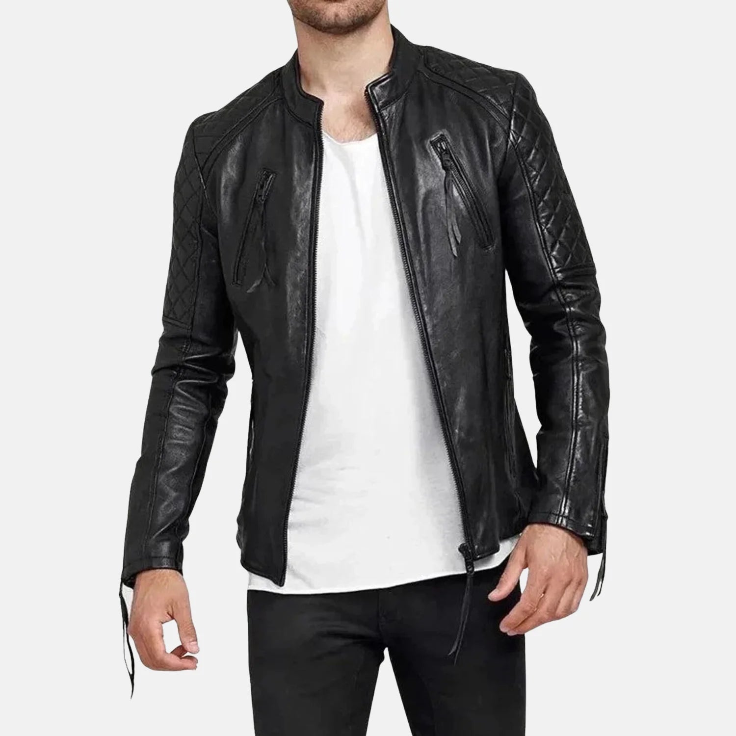Quilted Black Leather Biker Jacket