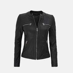 Versatile Bomber Hooded Leather Jacket For Women | Black