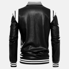 Full Zip Fleece Lined Leather Varsity Bomber Jacket